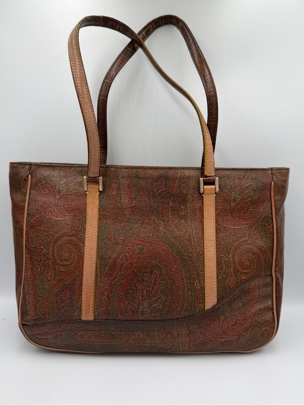 Etro Vintage Brown Paisley Leather Tote with Tan Straps